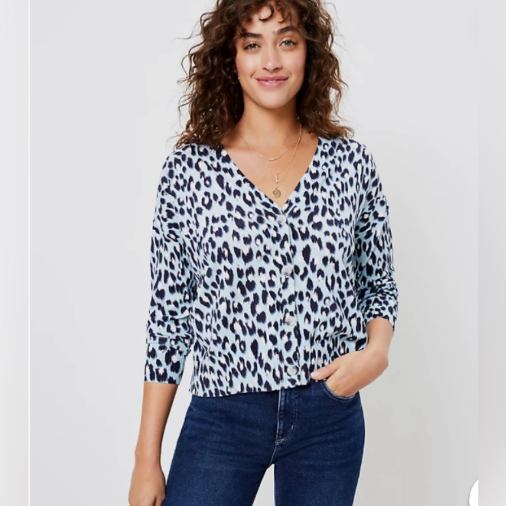 LOFT Leopard Print V Neck Cardigan in Sea Glass Blue Size Large